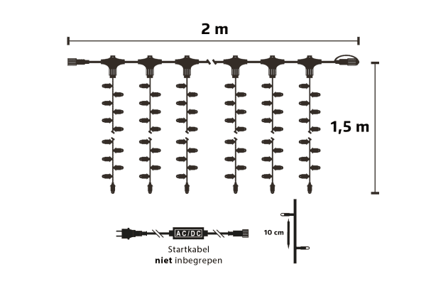 Lichtgordijn 2m x 1,5m · Klassiek warm wit · Zwart snoer · IP67